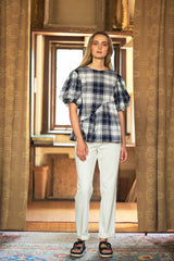Balloon Sleeve Cotton Blouse in Check - autark