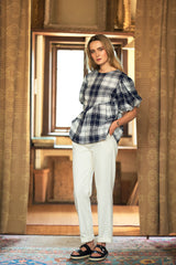 Balloon Sleeve Cotton Blouse in Check - autark
