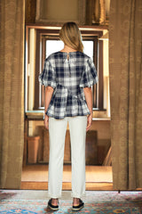Balloon Sleeve Cotton Blouse in Check - autark
